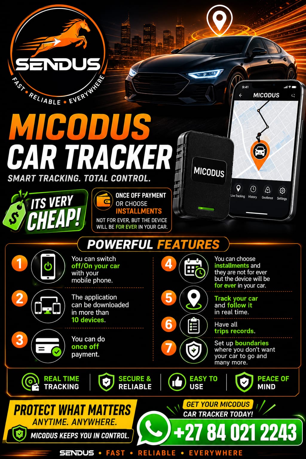 SendUs MICODUS car tracker device and tracking app