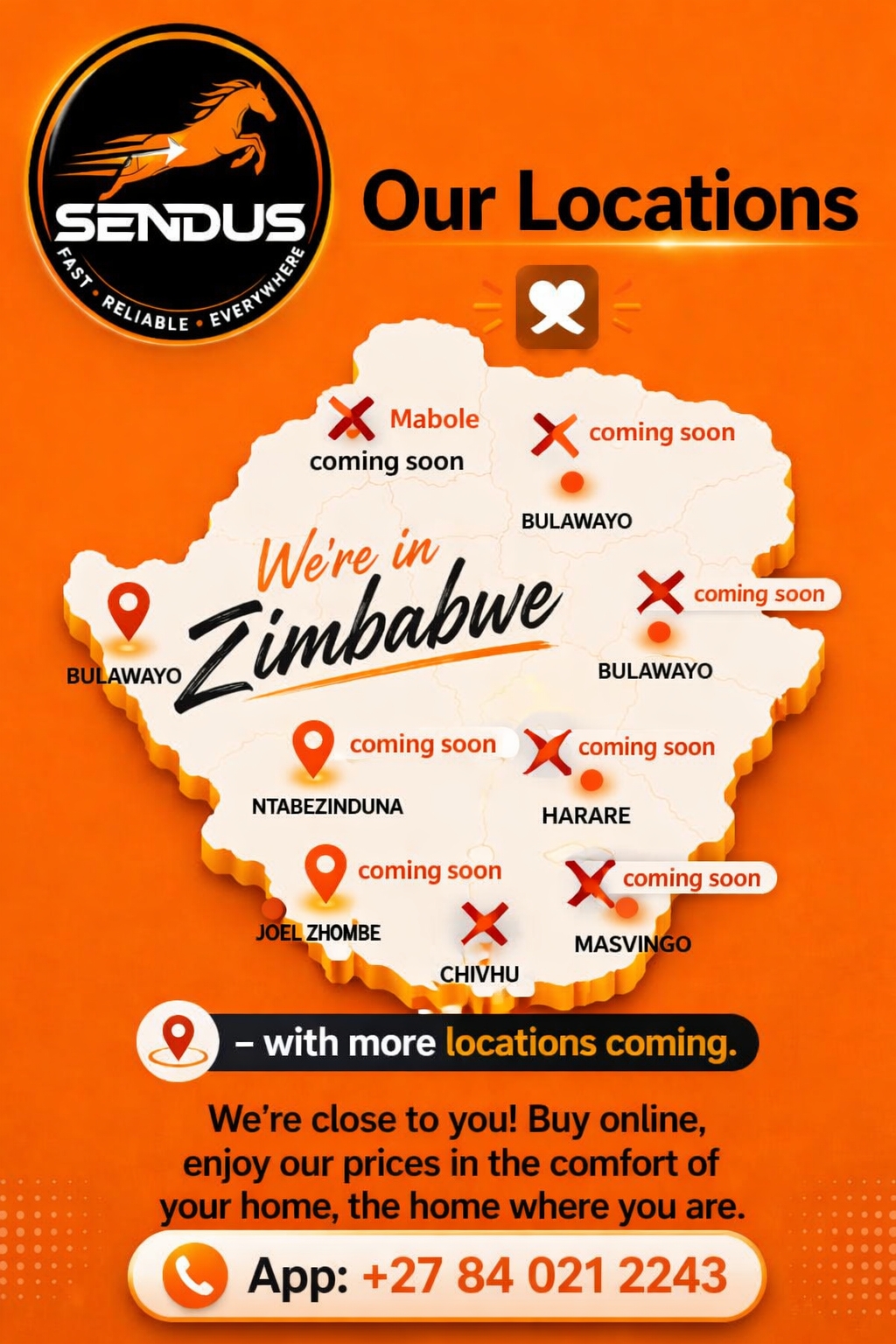 Map of SendUs locations across Zimbabwe